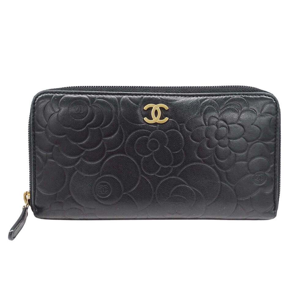 Chanel CHANEL Women's Wallet, Brand Name Long Camellia Design, Lambskin, Blac...